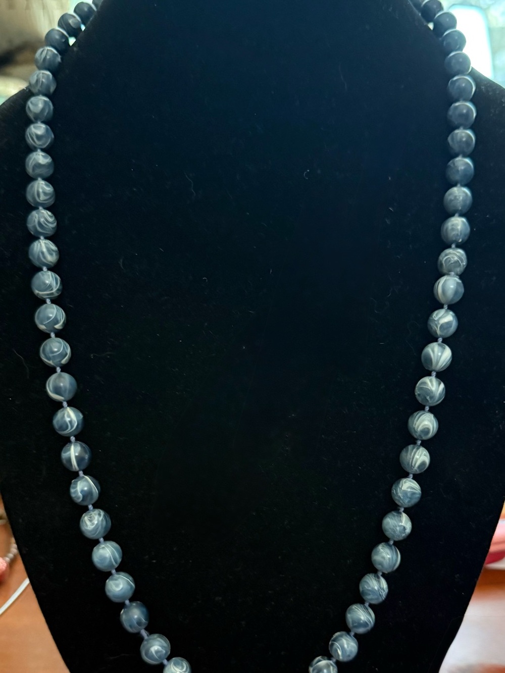 Blue-Gray White Striped Synthetic Marble Beads 28” Necklace
